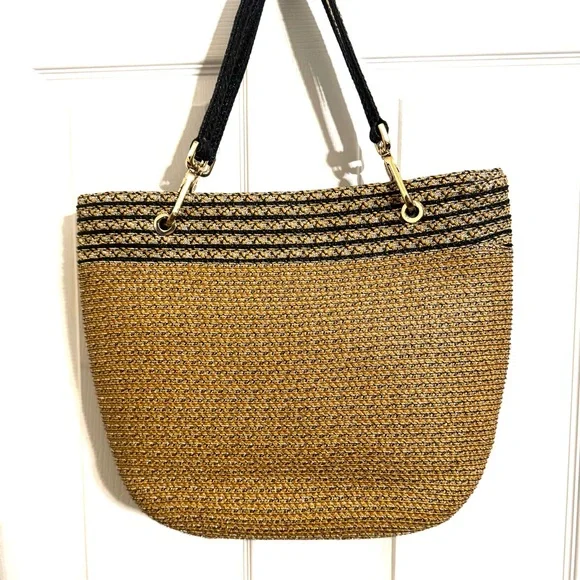 Eric Javits Squishee Straw Tote with Black Trim and Gold Hardware - Picture 4 of 8